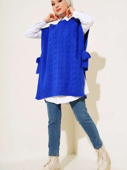 11024 Yandan Kuşak Bağlamalı Süveter Saks Mavisi