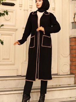 24405 Zikzak Detaylı Uzun Cepli Triko Hırka Siyah