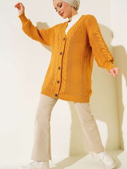 6999 Örgü Desenli Önden Düğmeli Hırka Hardal