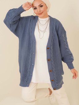 6999 Örgü Desenli Önden Düğmeli Hırka İndigo