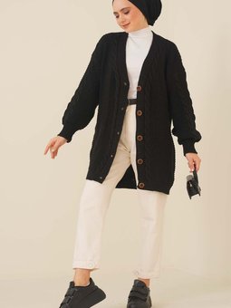 6999 Örgü Desenli Önden Düğmeli Hırka Siyah