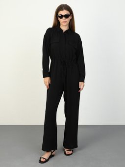 Cep Detaylı Beli Lastikli Tulum Siyah