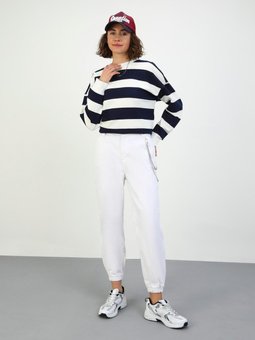 Doğal Kumaşlı Zincir Detaylı Kot Pantolon Beyaz