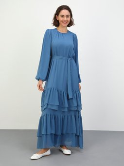 İndigo Fırfır Detaylı Kemerli Şifon Abiye Elbise