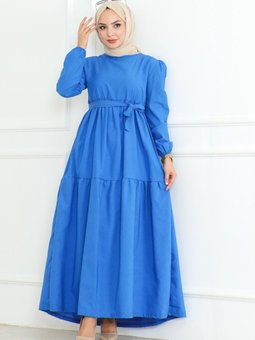 Akel Katlı Tam Boy Kuşaklı Elbise 281 Saks Mavisi