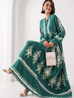 2423 Otantik Desenli Elbise A. Zümrüt Yeşili