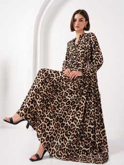 2423 Otantik Desenli Elbise E. Kahve