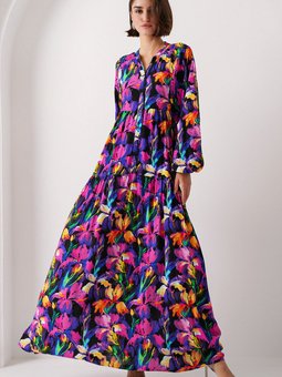 2423 Otantik Desenli Elbise E. Mor