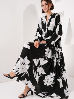 2423 Otantik Desenli Elbise J. Siyah