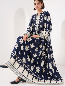 2423 Otantik Desenli Elbise L. Lacivert