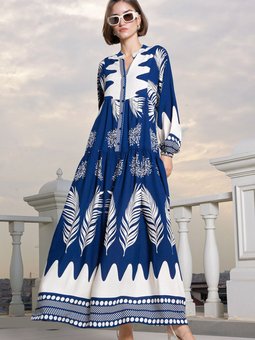 2423 Otantik Desenli Elbise M. Lacivert