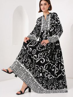2423 Otantik Desenli Elbise O. Siyah