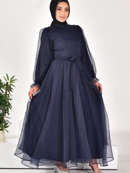 Lacivert Dalya Kumaş Kemerli Abiye Elbise
