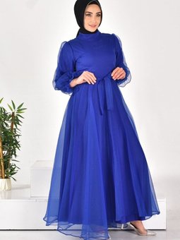 Mavi Dalya Kumaş Kemerli Abiye Elbise