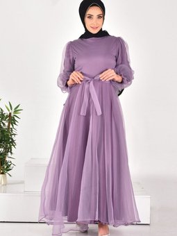 Mor Dalya Kumaş Kemerli Abiye Elbise