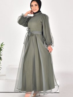 Yeşil Dalya Kumaş Kemerli Abiye Elbise