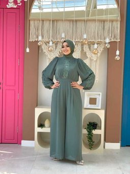 Dantel İşleme Detay Kol Manşetleri Lastikli Şifon Tulum 3730 Mint