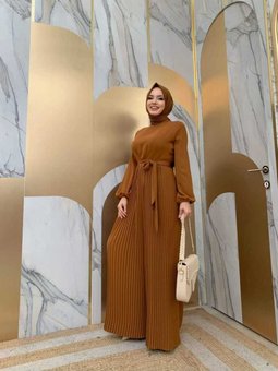 Eteği Pilise Detaylı Bel Kuşaklı Kol Manşetleri Lastikli Tulum 3704 Taba