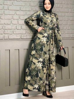 Güğüs Kısmı Gizli Düğmeli Bel Kuşaklı Baskı Desenli Tulum 3486 Siyah