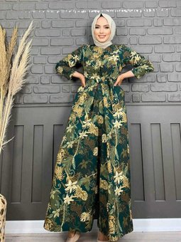 Güğüs Kısmı Gizli Düğmeli Bel Kuşaklı Baskı Desenli Tulum 3486 Zümrüt Yeşili