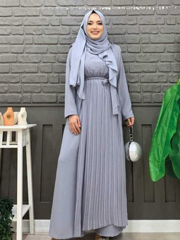 Piliseli Şifon Pelerin Detay Bel Kuşaklı Tulum 3498 Gri