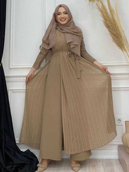 Piliseli Şifon Pelerin Detay Bel Kuşaklı Tulum 3498 Vizon