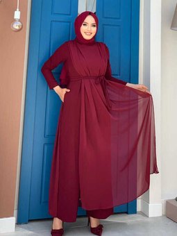 Şifon Pelerin Detay Bel Kuşaklı Tulum 3330 Bordo