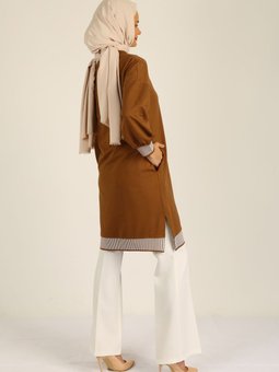 Balon Kol Bisiklet Yaka Yanları Yırtmaçlı Triko Detaylı Cepli Salaş Tunik