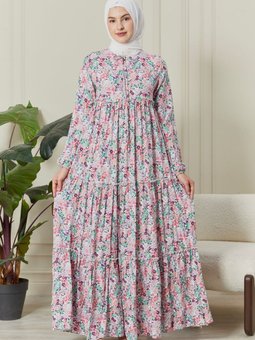 Eteği Kat Kat Çiçek Desenli Çingene Viskon Elbise Anne Namaz Elbisesi