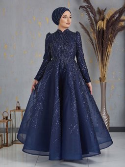 Önü Aplik Detaylı Arkadan Bağcıklı Prenses Abiye Elbise Lacivert