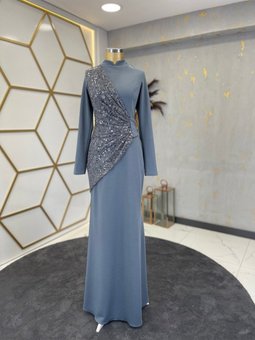 Payet Detaylı Yaren Abiye Elbise Gri