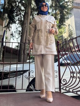 Belden Büzgülü Ceket Pantolon Takım Taş 5kgstkm3020