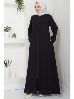 Fermuarlı Büyük Beden Siyah Ferace
