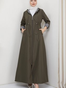 Kapüşonlu Çizgili Uzun Trençkot Haki Hm2332