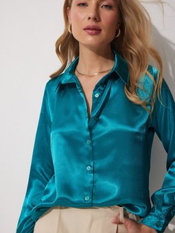 Koyu Mavi Hafif Dökümlü Saten Yüzeyli Gömlek Dd00990