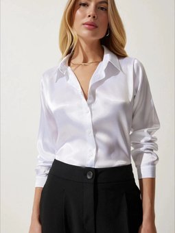 Beyaz Küçük Ve Büyük Bedenler Hafif Dökümlü Saten Yüzeyli Gömlek Hzl25w Bd139641