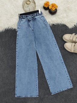 Beli Bağlamalı Bol Paça Cepli Kot Pantolon