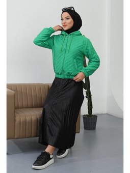 Yeşil Kapüşonlu Filota Cepli Kapitone Kısa Ceket