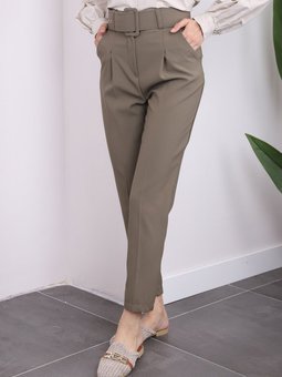 Haki Kemerli Pile Detaylı Kumaş Kalem Pantolon