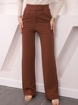 Kahverengi Yüksek Bel Beli Cırt Cırtlı Palozzo Pantolon
