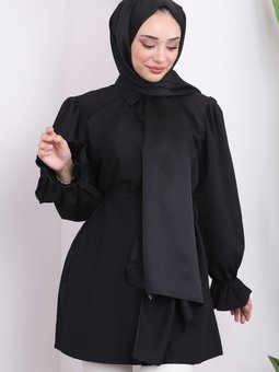 Siyah Kol Lastikli Bel İpli Gömlek