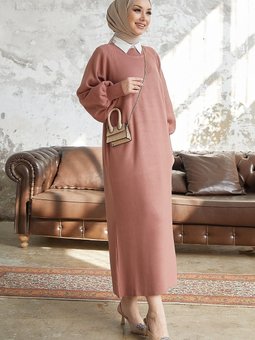 Mina Balon Kol Triko Elbise Gül Kurusu