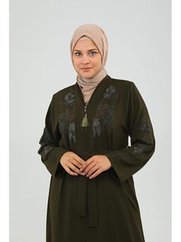Çiçek Desenli Nakışlı Abaya Haki