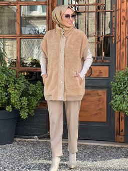 Deri Garnili Peluş Yelek Ka A24 20005 Krem