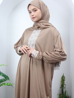 Tek Parça Başörtülü Dantelli Mevsimlik Elbisesi, Namaz Kıyafeti, Dökümlü Ferace