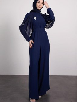 Omzu Tül Detaylı Tulum Lacivert