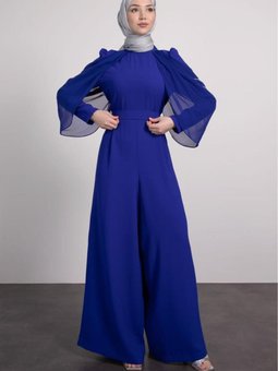 Omzu Tül Detaylı Tulum Saks Mavisi