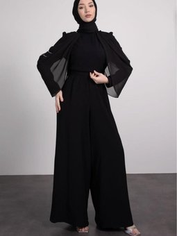 Omzu Tül Detaylı Tulum Siyah