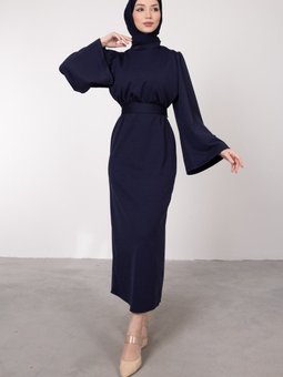 Volan Kol Kuşaklı Elbise Lacivert