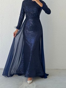 Zarif Parıltılı Pelerinli Abiye Elbise Lacivert